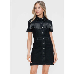BYTOS Black Denim Fringe Embellished Button Down Short Sleeve Jean Dress NEW